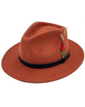 (Brunt Orange, Medium (58 cms)) Unisex Fedora Hat Adjustable Band 100% Wool