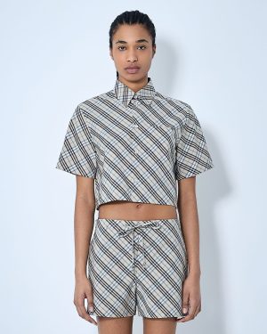Burberry Crop Check Shirt - Woman Shirts Beige Uk - 08