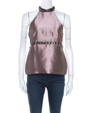 Burberry Metallic Purple Silk Blend Stud Embellished Halter Neck Top S
