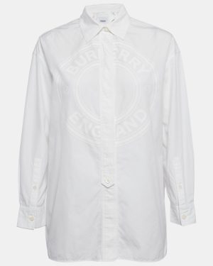 Burberry White Logo Print Cotton Oversized Shirt XS