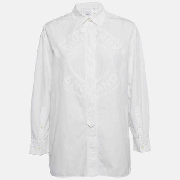 Burberry White Logo Print Cotton Oversized Shirt XS