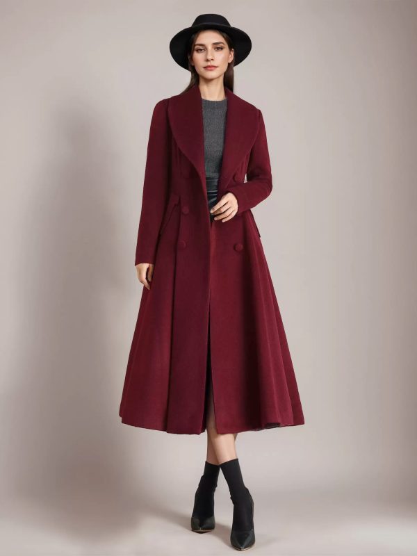 Burgundy Woolen Flared Coat Vintage Shawl Collar Double-breasted Winter A-line Outerwear For Women 2025