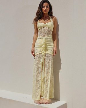 Butter Yellow Halter Neck Lace High-Slit Maxi Party Dress 2025