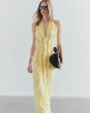 Butter Yellow Halter Neck Ruffled Maxi Dress For Summer Events 2025