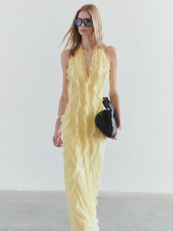 Butter Yellow Halter Neck Ruffled Maxi Dress For Summer Events 2025