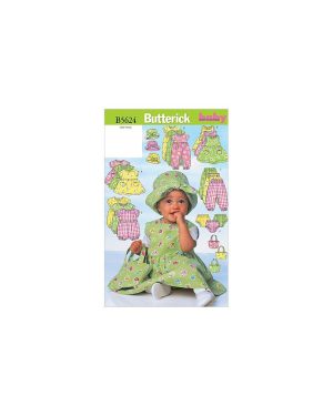 Butterick Patterns B5624 Size NB0 NB-Small-M Infants Dress Jumper Romper Jumpsuit Panties Hat and Bag, Pack of 1, White