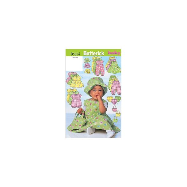 Butterick Patterns B5624 Size NB0 NB-Small-M Infants Dress Jumper Romper Jumpsuit Panties Hat and Bag, Pack of 1, White