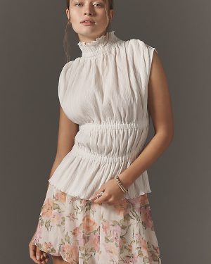 By Anthropologie High-Neck Smocked Blouse