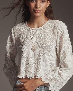 By Anthropologie Sheer Eyelet Long-Sleeve Top