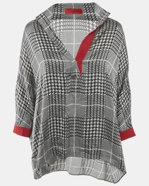 CH Carolina Herrera Black Houndstooth Print Satin Loose Fit Blouse XS