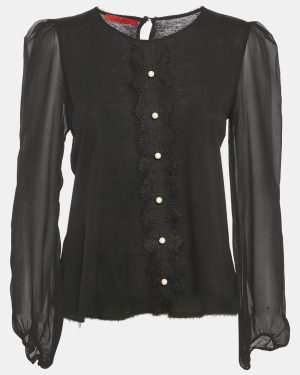 CH Carolina Herrera Black Lace Trim Knit and Silk Top M
