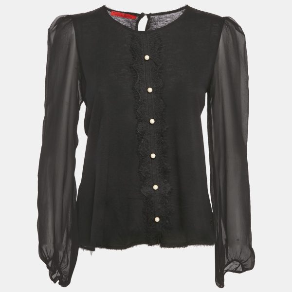 CH Carolina Herrera Black Lace Trim Knit and Silk Top M