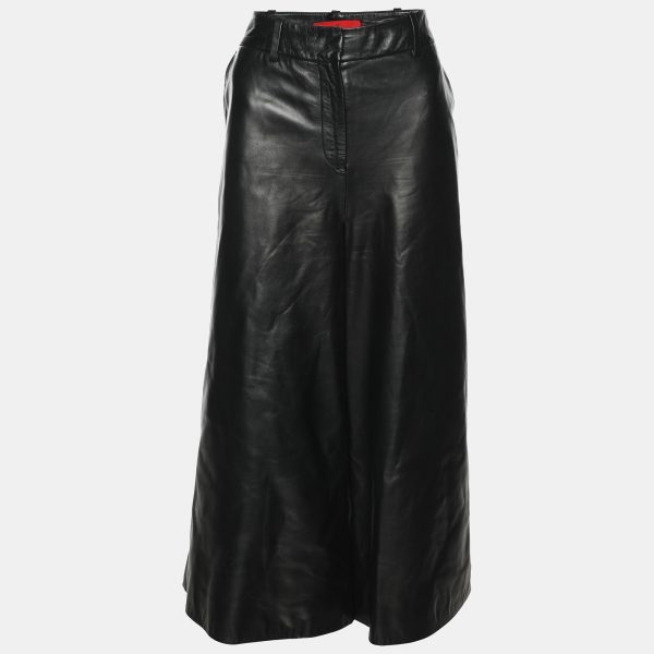 CH Carolina Herrera Black Lambskin Leather Wide Leg Capri Pants M