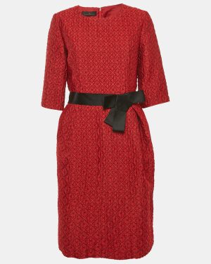 CH Carolina Herrera Red Jacquard Bow Detail Mini Dress L
