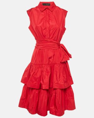 CH Carolina Herrera Red Taffeta Tiered Sleeveless Shirt Dress L
