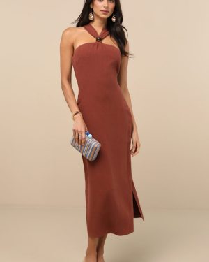 Calessia Rust Brown Linen Halter Neck Midi Dress