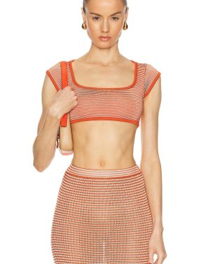 Calle Del Mar Lycra Cap Sleeve Crop Top in Tomato Stripe - Red. Size M (also in ).
