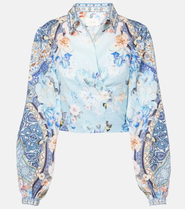 Camilla Floral cropped linen wrap top