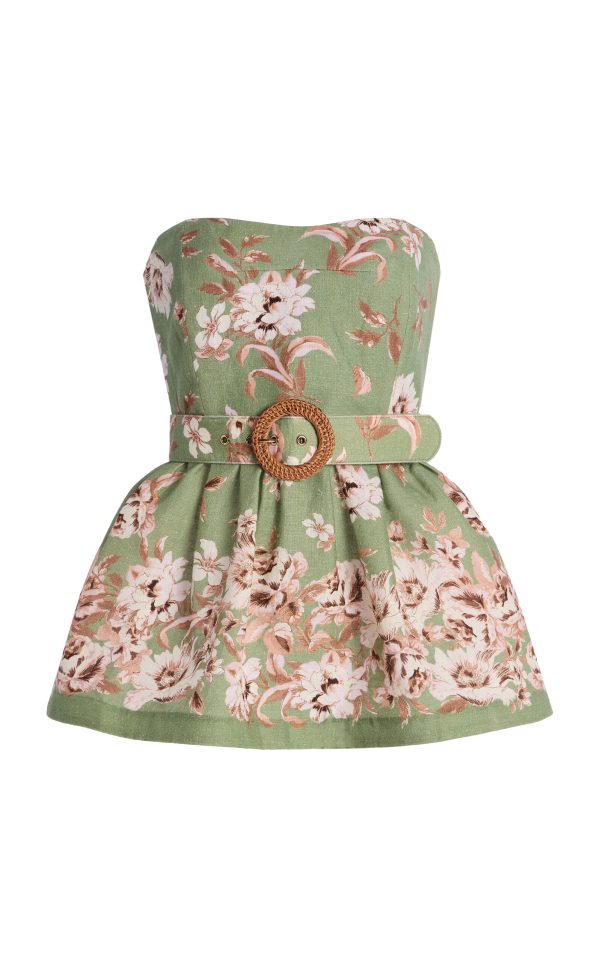 Cara Cara - Tilda Belted Floral-Linen Peplum Top - Green - US 2 - Moda Operandi