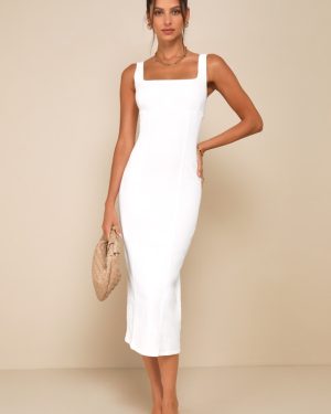 Carefree Style White Denim Bodycon Midi Dress