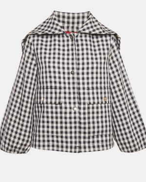 Carolina Herrera Blue Plaid Synthetic Button Front Jacket L