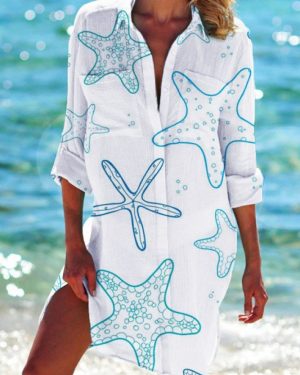 Casual Spring/Fall Starfish No Elasticity Buttons Regular H-Line Shirt Collar No Shirts for Women