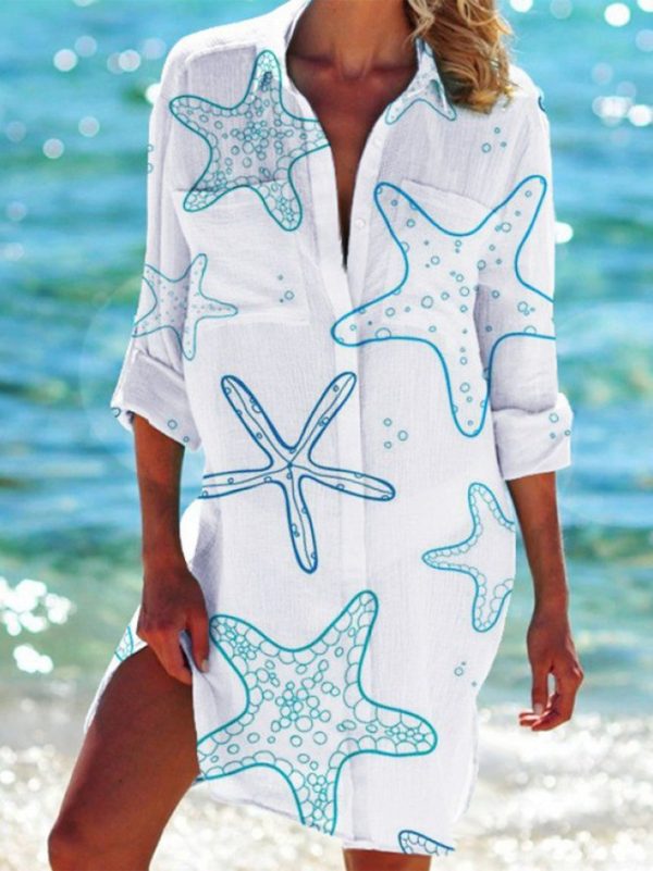 Casual Spring/Fall Starfish No Elasticity Buttons Regular H-Line Shirt Collar No Shirts for Women