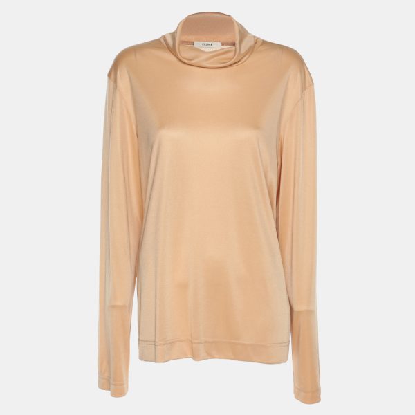 Celine Beige Stretch Knit High Neck Top M