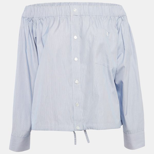 Celine Blue Striped Cotton Off-Shoulder Blouse S