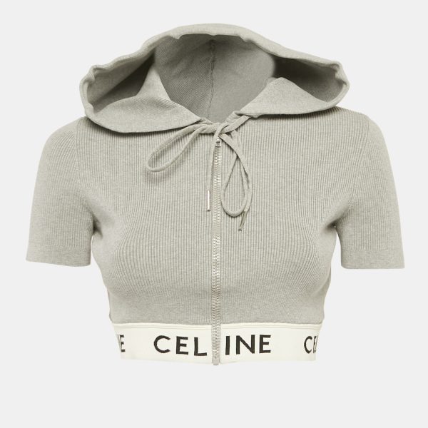 Celine Grey Stretch knit Hooded Crop Top M