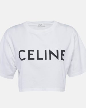 Celine White Logo Print Cotton Knit Crew Neck Crop Top S