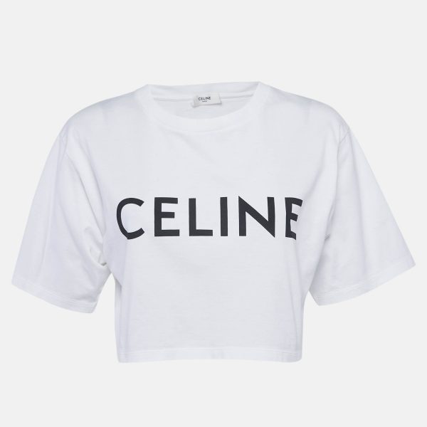 Celine White Logo Print Cotton Knit Crew Neck Crop Top S