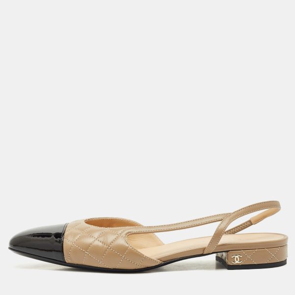Chanel Beige/Black Patent and Leather CC Cap Toe Slingback Ballet Flats Size 41