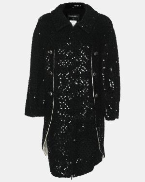 Chanel Black Sequin Tweed Camelia Coat M