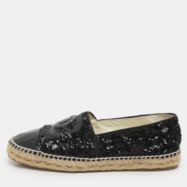 Chanel Black Sequins and Patent Leather CC Cap Toe Espadrille Flats Size 41