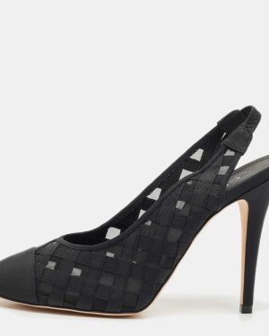 Chanel Black Woven Fabric and Mesh CC Cap Toe Slingback Pumps Size 38.5