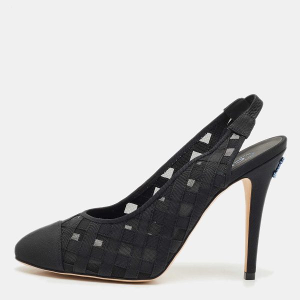 Chanel Black Woven Fabric and Mesh CC Cap Toe Slingback Pumps Size 38.5