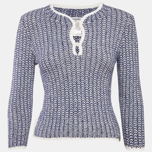 Chanel Blue Crochet Knit Long Sleeve Top S