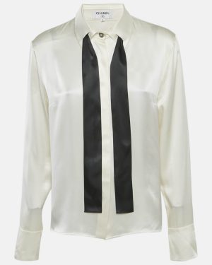 Chanel Ivory Satin Silk Tie-Up Neck Detail Shirt L