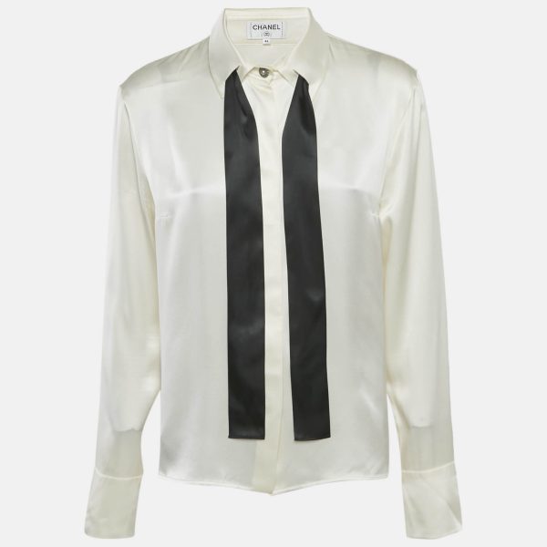 Chanel Ivory Satin Silk Tie-Up Neck Detail Shirt L