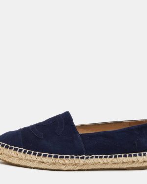 Chanel Navy Blue Suede CC Cap Toe Espadrille Flats Size 39