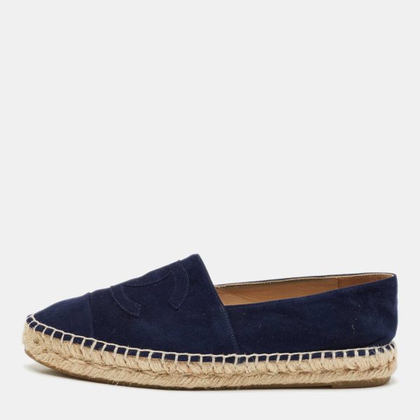 Chanel Navy Blue Suede CC Cap Toe Espadrille Flats Size 39