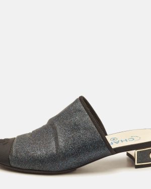 Chanel Navy Blue/Black Glitter Fabric CC Cap Toe Mules Size 38