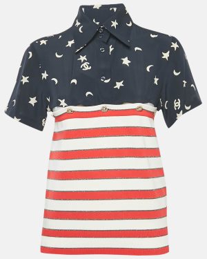 Chanel Navy Blue/Red Printed Silk and Knit Top M