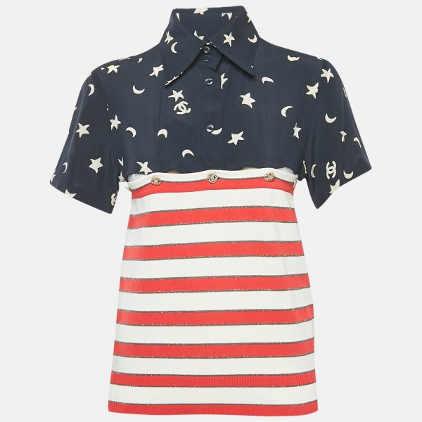 Chanel Navy Blue/Red Printed Silk and Knit Top M