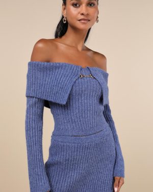Charismatic Sense Heather Blue Off-the-Shoulder Sweater Top