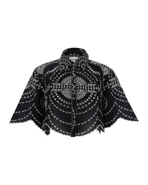 Charo Ruiz emmie Black Blouse With Cropped Design And All-over Contrasting Embroidered Details In Cotton And Linen Blend Woman