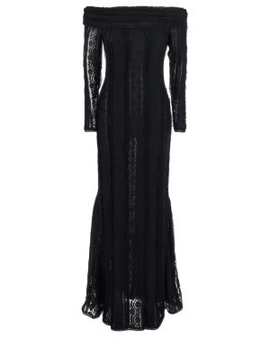 Charo Ruiz minerva Black Long Dress With Bardot Neckline And All-over Embroidery In Tech Fabric Woman