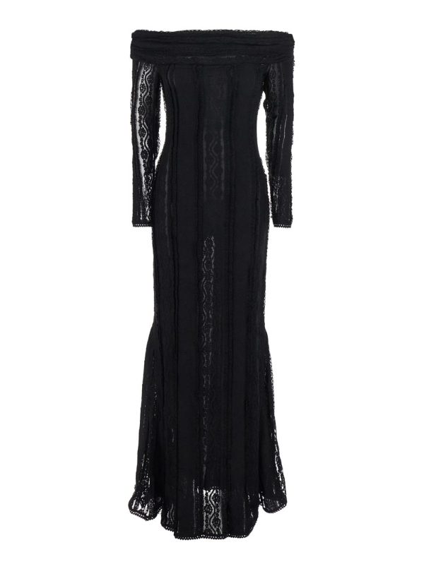 Charo Ruiz minerva Black Long Dress With Bardot Neckline And All-over Embroidery In Tech Fabric Woman