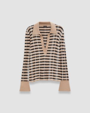 Check Wool Silk Polo Top - L